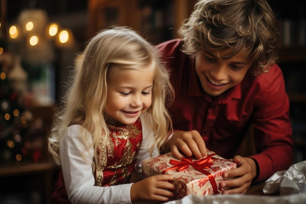 Uma jovem família desembala presentes para o Natal