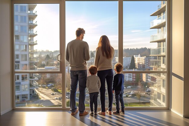 Uma jovem família está de costas para a câmera admirando seu novo apartamento