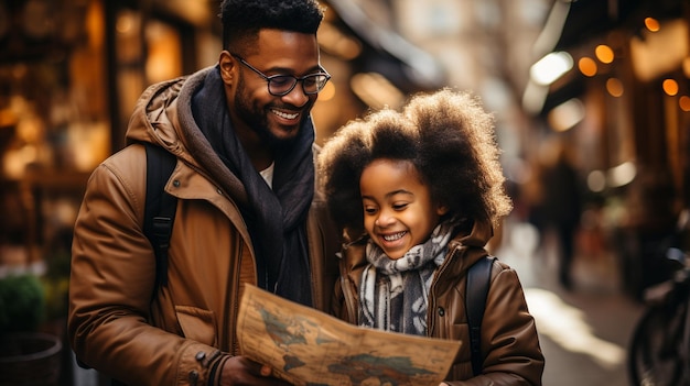 uma jovem família negra em êxtase carregando um mapa enquanto iam juntos