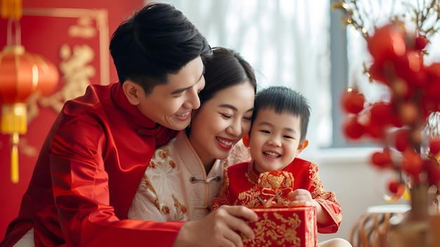 Uma jovem família presenteando um menino na celebração do Ano Novo Chinês