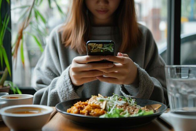 Foto uma jovem fazendo uma revisão de comida com seu telefone