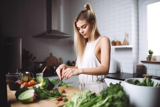 Uma jovem fazendo uma salada na cozinha criada com IA generativa