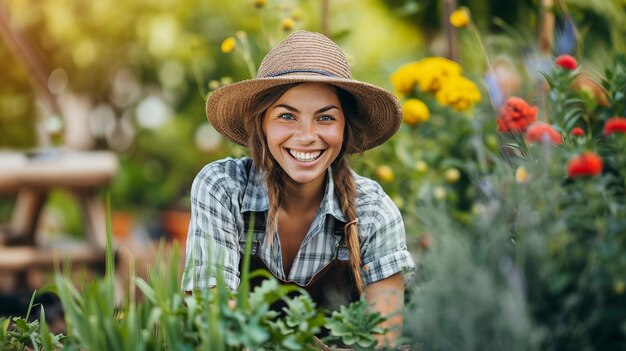 Foto uma jovem feliz a trabalhar no jardim.