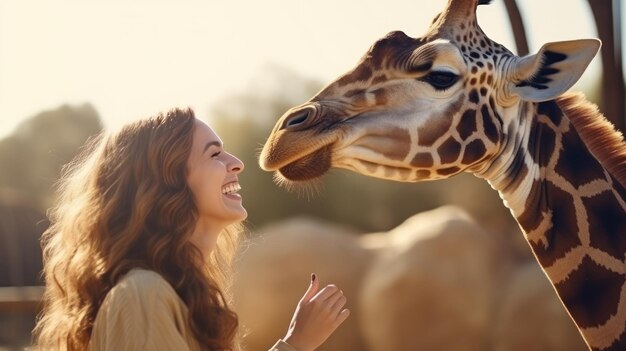 Uma jovem feliz alimenta uma girafa.