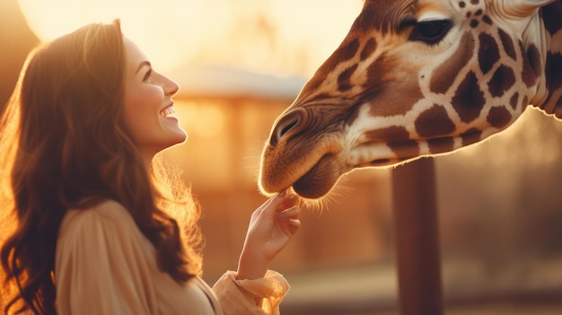 Uma jovem feliz alimenta uma girafa.