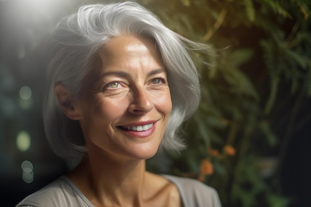 Uma jovem feliz com cabelos grisalhos no estilo liso e polido com Generative AI