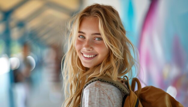 Uma jovem feliz com cabelos loiros e olhos verdes na estação.