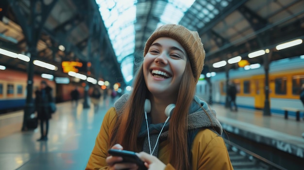 uma jovem feliz com telefone celular e fones de ouvido na estação ferroviária