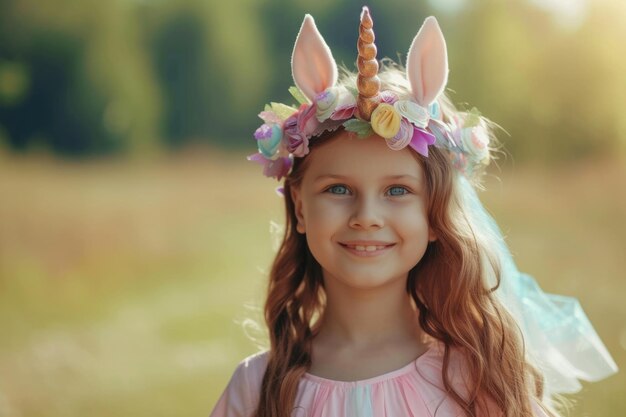 Uma jovem feliz com um vestido rosa e uma faixa de unicórnio.