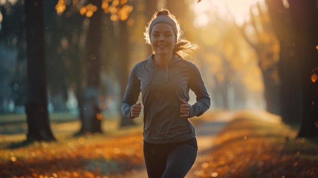 Uma jovem feliz corre pelo parque ao amanhecer.