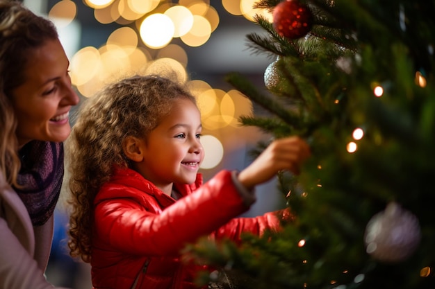 Uma jovem feliz e sua mãe decorando uma árvore de natal com uma estrela com Generative AI