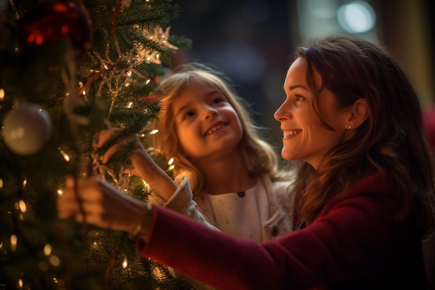 Uma jovem feliz e sua mãe decorando uma árvore de natal com uma estrela com Generative AI