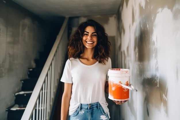 Uma jovem feliz está fazendo reparos em sua casa segurando latas de tinta em suas mãos.