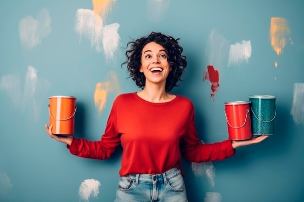 Uma jovem feliz está fazendo reparos em sua casa segurando latas de tinta em suas mãos.