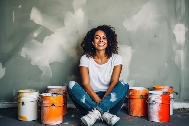 Uma jovem feliz está fazendo reparos em sua casa Senta-se contra o fundo de reparos