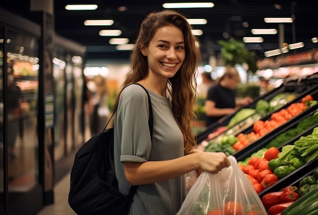 Foto uma jovem feliz num supermercado com um saco de papel cheio de compras