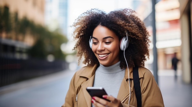 Uma jovem feliz segurando o celular curtindo música ouvindo através de fones de ouvido sem fio na trilha