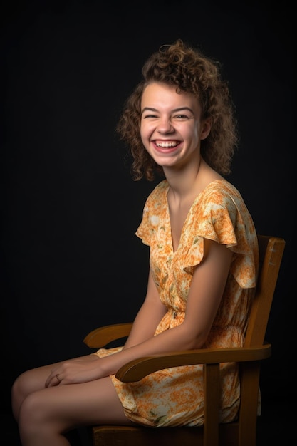 Uma jovem feliz sentada na sua nova cadeira e sorrindo felizmente criada com IA generativa