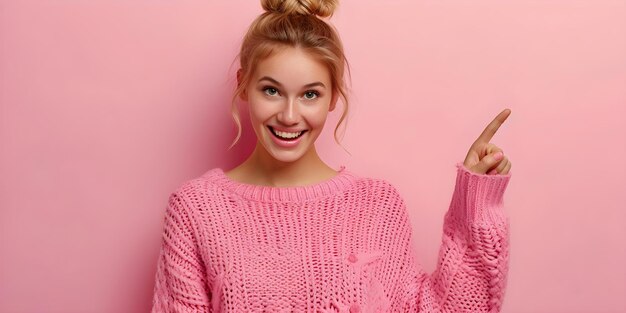 Uma jovem feliz sorrindo e apontando contra uma bandeira rosa conceito criando retratos alegres apontando pose bandeira rosa fundo