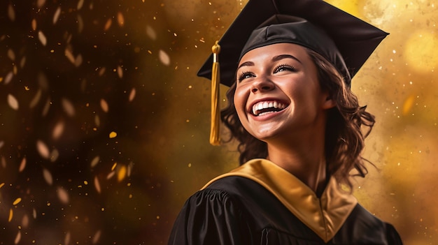 Uma jovem feliz vestindo um boné de formatura e um vestido sorridente. Uma jovem radiante de felicidade.