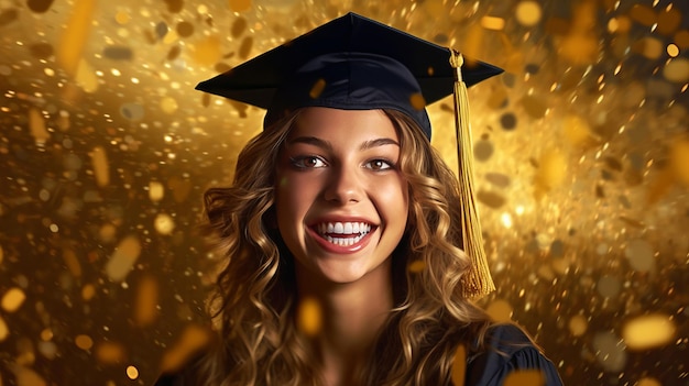 Foto uma jovem feliz vestindo um boné de formatura e um vestido sorridente. uma jovem radiante de felicidade.