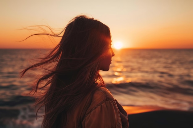 Uma jovem fica maravilhada olhando o pôr do sol deslumbrante sobre uma bela paisagem Triste coração partido