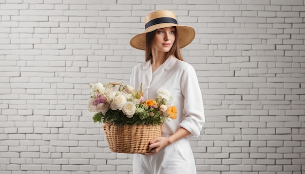 Uma jovem florista de roupas brancas e um chapéu de palha está com uma cesta de flores