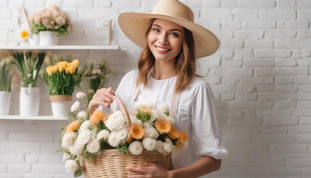 Uma jovem florista de roupas brancas e um chapéu de palha está com uma cesta de flores