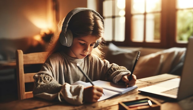 Uma jovem focada com fones de ouvido está diligentemente escrevendo em seu caderno em casa com um tablet deitado ao lado dela