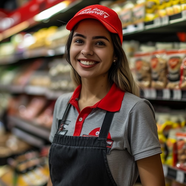 Uma jovem funcionária de supermercado sorridente olhando para a câmera.