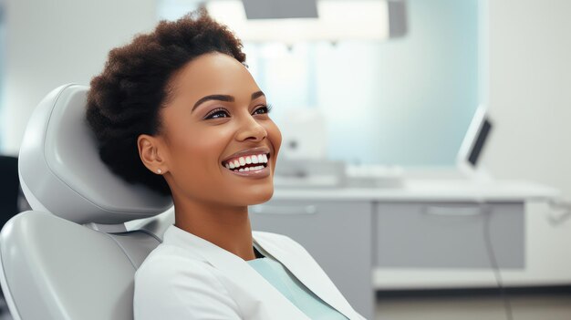 Foto uma jovem garota africana bonita em uma cadeira de dentista sorrindo com dentes saudáveis brancos bonitos mulher com dentes brancos