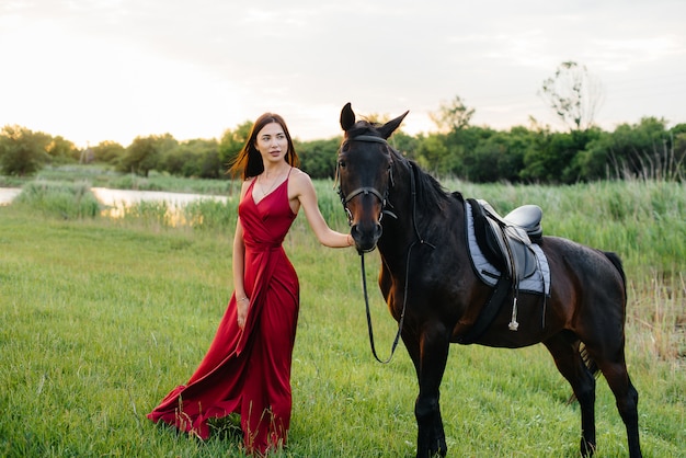 Uma jovem garota bonita com um vestido vermelho posa em um rancho com um garanhão puro-sangue ao pôr do sol. Amar e cuidar dos animais.