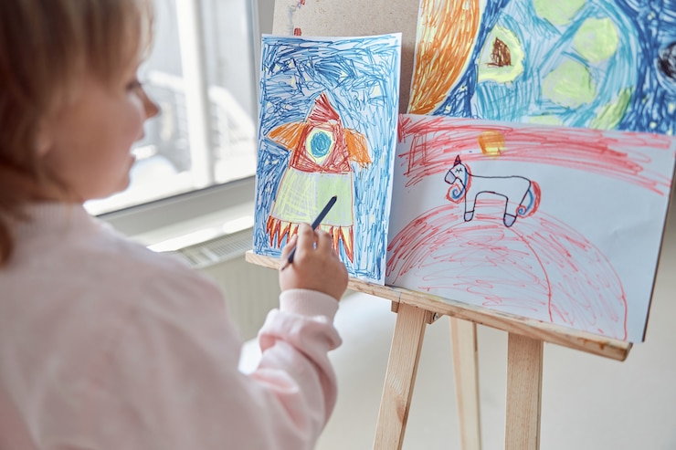 Foto uma jovem garota feliz e criativa está fazendo um desenho em uma sala de aula moderna leve