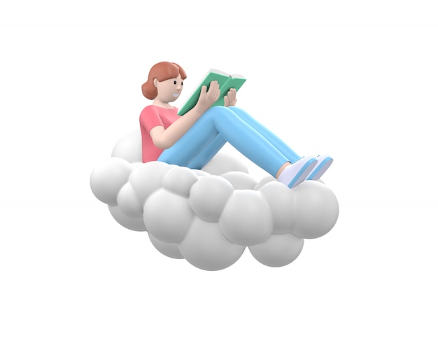 Uma jovem garota feliz no céu em uma nuvem está lendo um livro