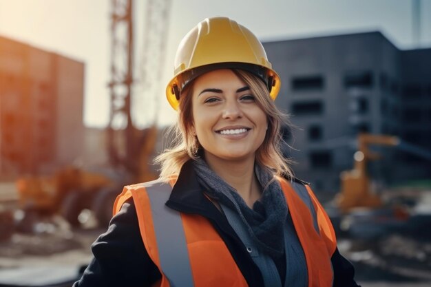 Uma jovem gerente de mulher em um capacete e colete está em um local de construção