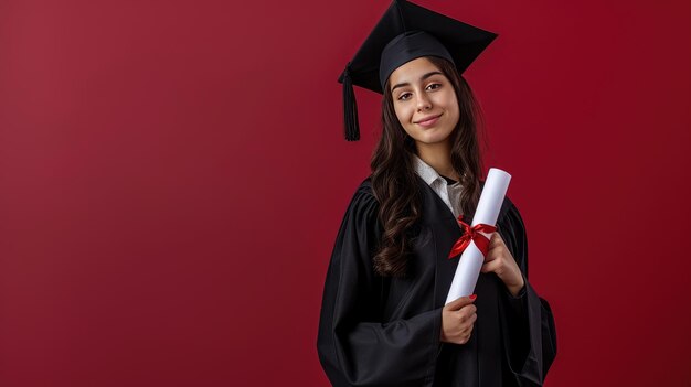 Uma jovem graduada elegante segurando orgulhosamente o chapéu e o diploma.