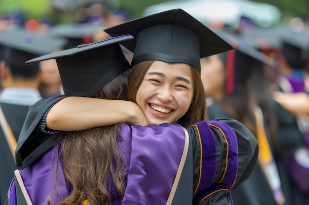 Uma jovem graduada sorridente abraçando uma amiga na cerimônia de formatura cercada por colegas