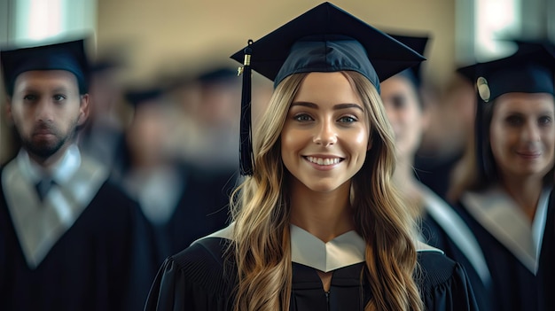 Uma jovem graduada sorridente contra o fundo de graduados universitários Generative Ai