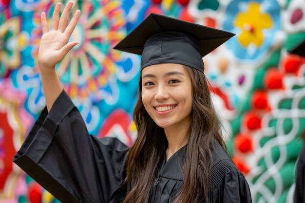 Uma jovem graduada sorridente de chapéu e roupa agitando a mão com um fundo de celebração colorido