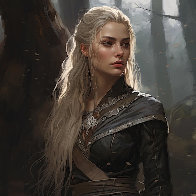 Uma jovem guerreira com longos cabelos loiros andando por uma floresta misteriosa
