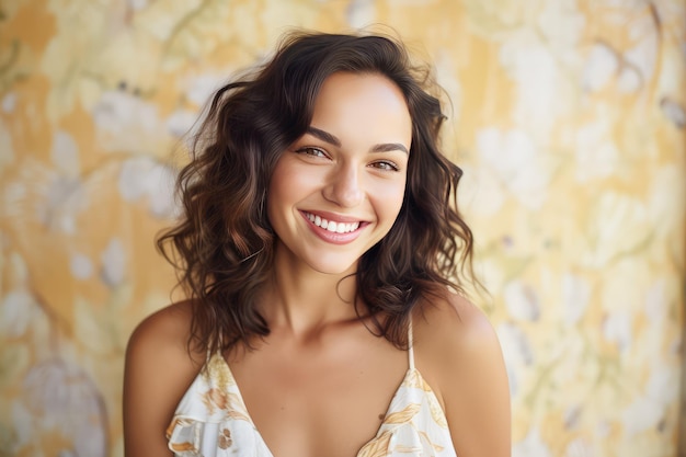 Foto uma jovem hispânica sorridente e atraente olhando para a câmera.