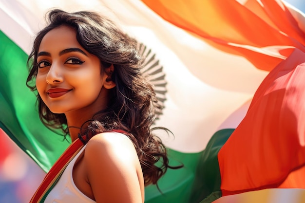 Uma jovem indiana bonita e uma bandeira indiana sorrindo Independente da Índia