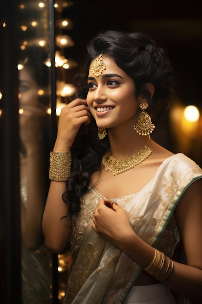 Uma jovem indiana bonita usa joias de ouro em um ambiente temperamental