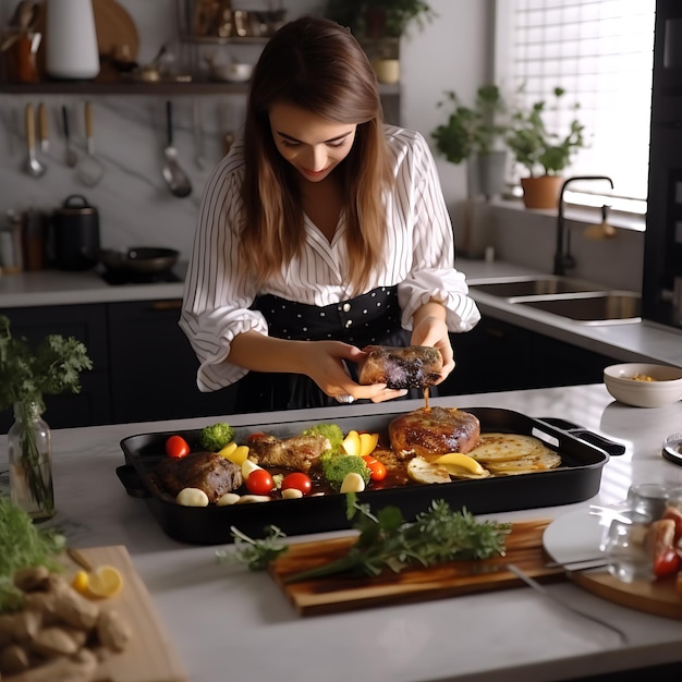 Uma jovem influenciadora gastronômica tira fotos de seu bife com batata gratinada e legumes