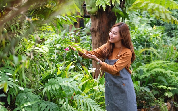 Uma jovem jardineira asiática cuidando de plantas no jardim