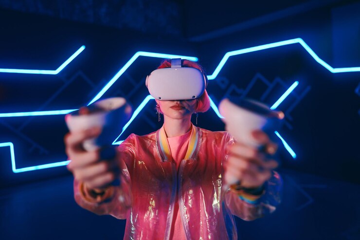 Foto uma jovem joga jogos virtuais na sala de néon para jogos vr foto de alta qualidade