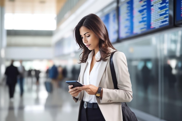 Foto uma jovem latina com seu smartphone no aeroporto ela fazendo check-in on-line para seu voo através de um aplicativo de smartphone