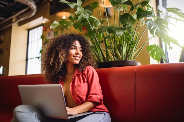 Uma jovem latino-americana alegre com cabelos cacheados usa confortavelmente um laptop