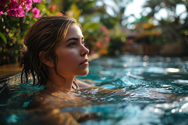 Uma jovem linda a descansar e relaxar à beira da piscina nos trópicos.