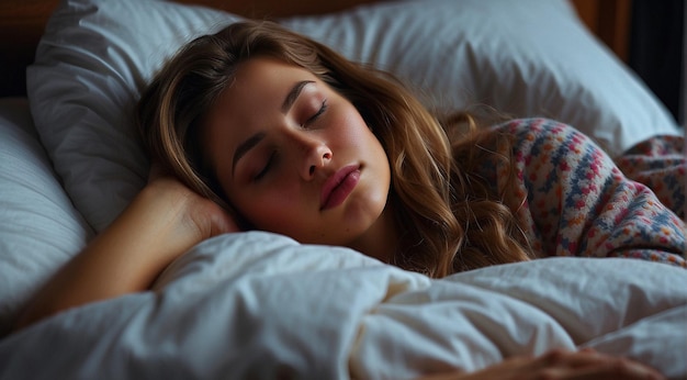 Uma jovem linda a dormir na cama. Uma jovem linda a dormir envolta num lençol.